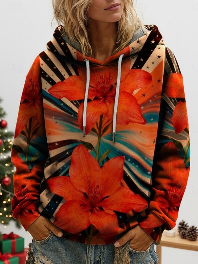 Women's Pullover Hoodies Floral Fashion Streetwear Casual Long Sleeve Hooded Regular Tops Dailywear Casual Drawstring Print Red Spring Fall4