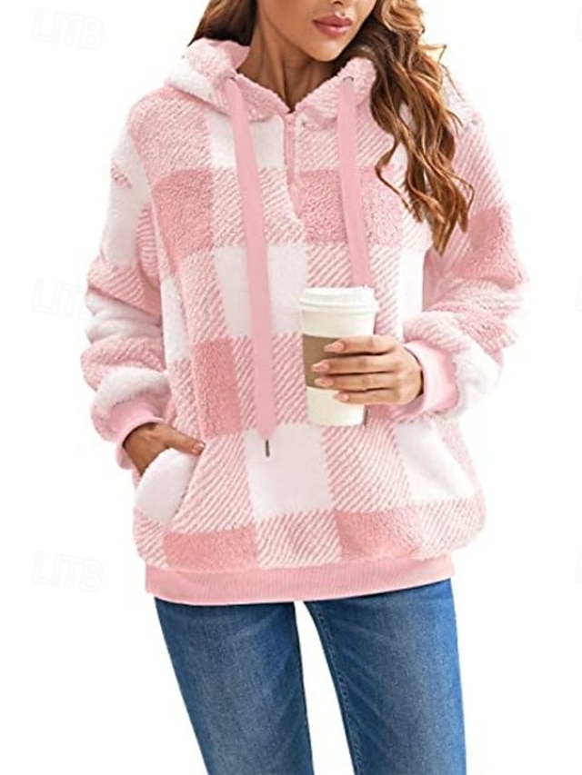  女性用 プルオーバー フーディー スウェットシャツ チェック エレガント あたたか 活発的 長袖 フード付き レギュラートップス 家 パーティーイブニングウェア ストリート ブラック ピンク ブラウン グリーン 春 秋 冬