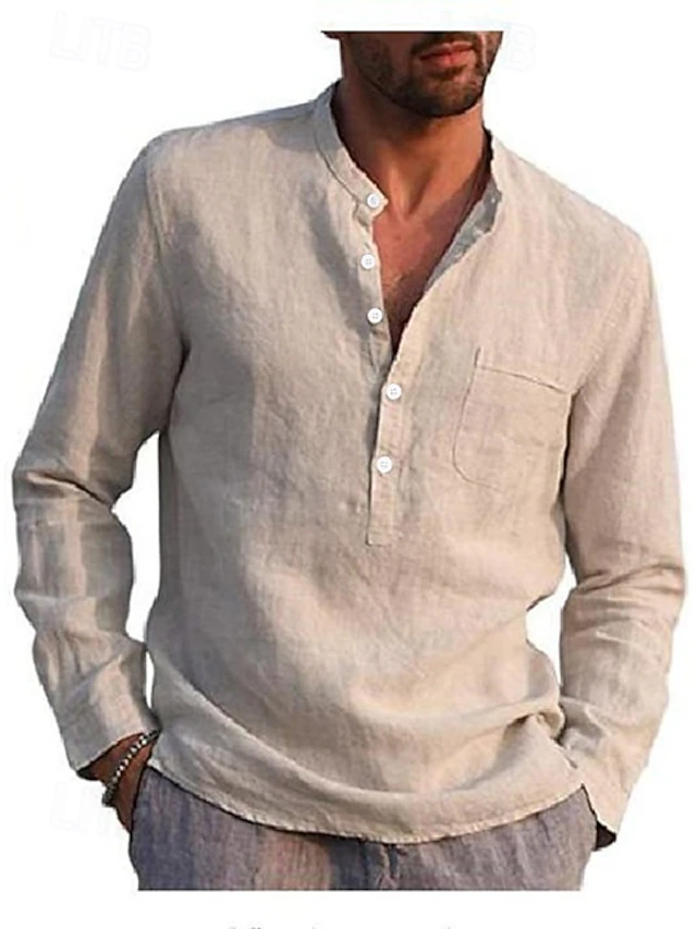 Men's Shirt Linen Shirt Band Collar Shirt Summer Shirt Beach Wear Solid Color Street Hawaiian Light Blue Black White Red Wine Long Sleeve Collar Clothing Apparel 8