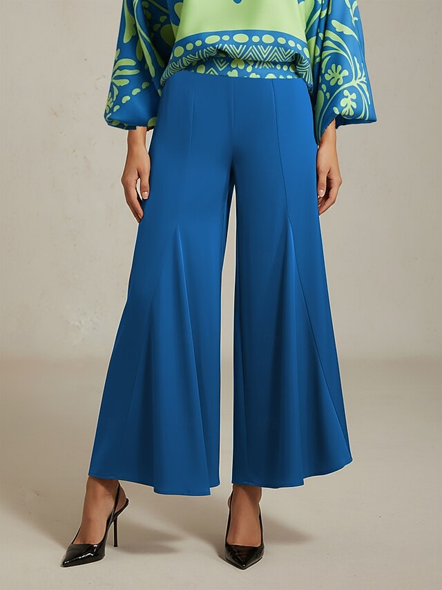 Women's Wide Leg Pants Blue Satin Elastic Waist Pleated Loose Elegant Fit Spring Summer Autumn4