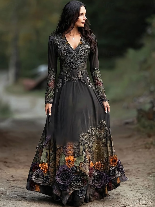  Per donna Abito maxi Abito a trapezio Abito Pieghettato Abito aderente e svasato Boho Data Vestibilità regolare Floreale Grafico Manica Lunga Scollo a V Nero Primavera Autunno Inverno