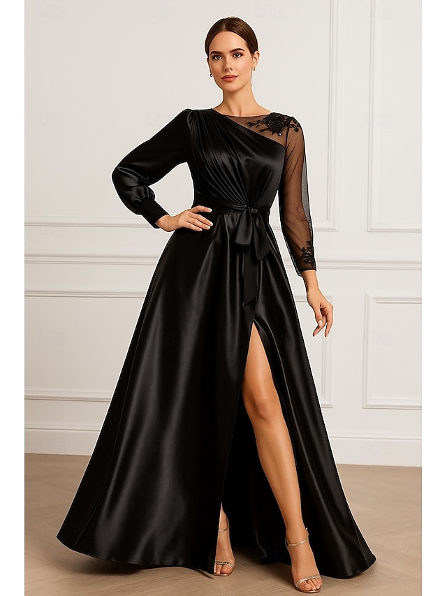  А-силуэт Вечернее платье Элегантный стиль Торжественное платье Официальные Свадьба В пол Длинный рукав Иллюзионный декор Карман Сатин с Рюши 2025