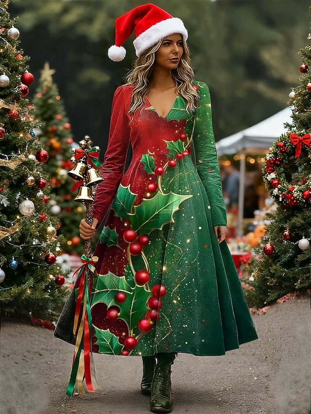 Kerstmis Dames Halflange jurk A lijn jurk Vakantie Casual Dagelijks Normale pasvorm Bloemig Grafisch Lange mouw V-hals Diep Groen Rood Groen Herfst Winter