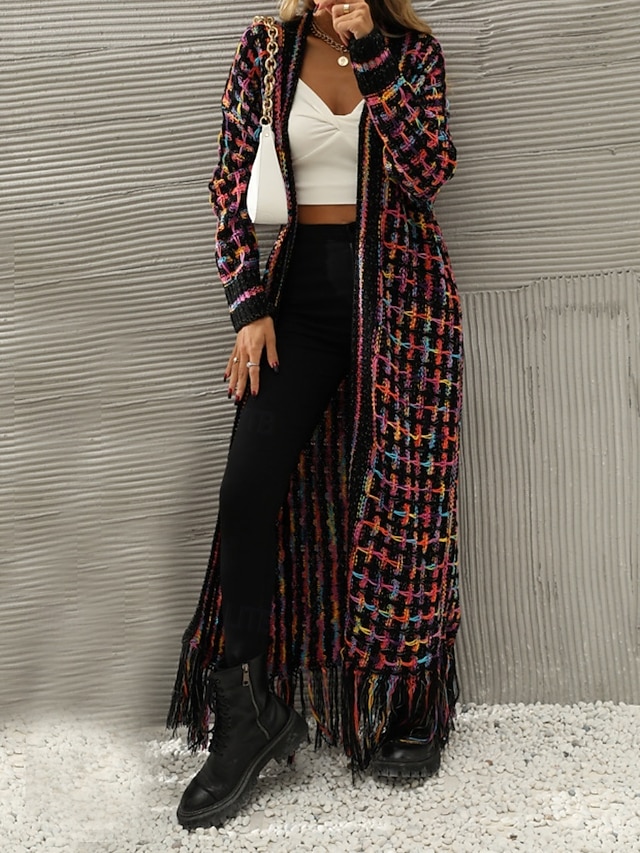  Per donna Felpa Cardigan Elegante Moda Streetwear Plaid A Coste Aperto davanti Nappa Lavorato a maglia Manica Lunga Top lunghi Maglia All'aperto Quotidiano Weekend Nero Giallo Primavera Autunno