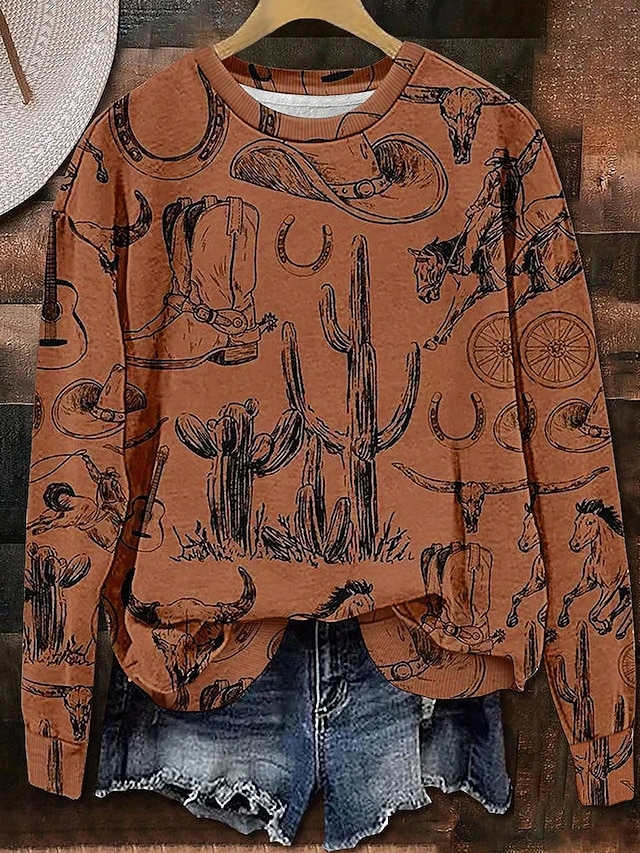  Dame Gensere Grafisk Geometrisk Fritid Langermet Crew-hals Vanlige topper Gate Hverdag Avslappet Lapper Brun Kakifarget Høst Vinter