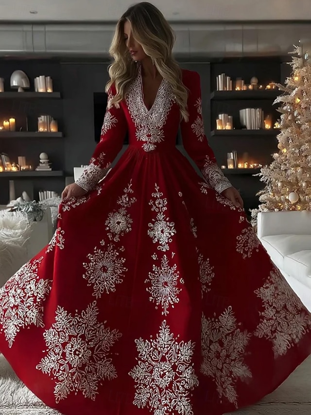  Vánoce Dámské Maxi šaty Plisované šaty Večírek Na běžné nošení Cikánský Denní Rande Jdeme ven Běžný Grafika Sněhová vločka Dlouhý rukáv Do V Fialová Trávová zelená Podzim Zima