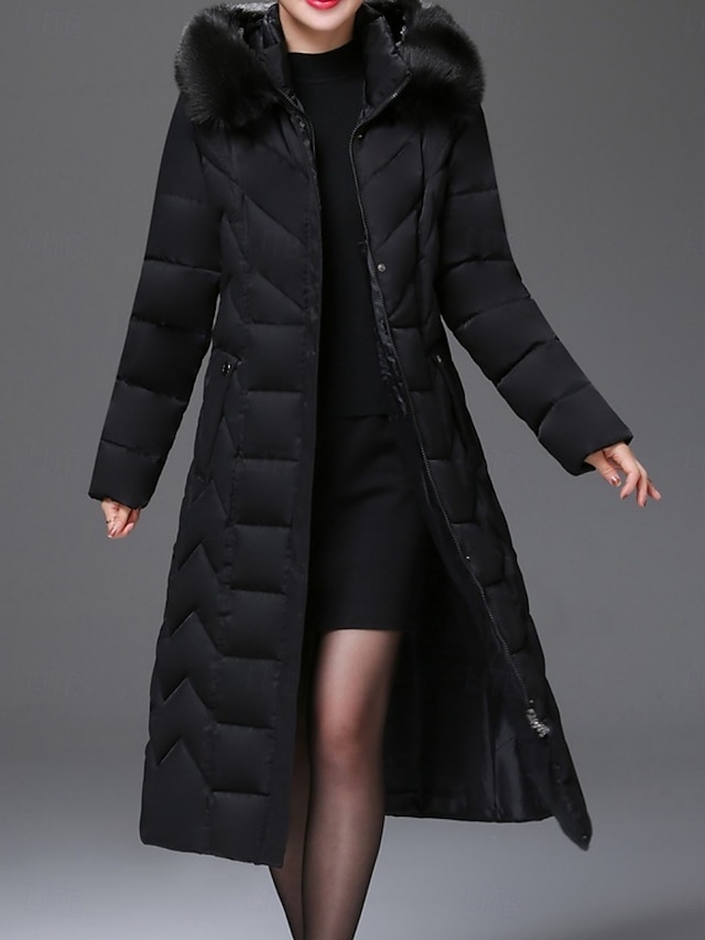 Dam Anorak Bekväm Andningsfunktion Dragkedja Ficka Knappar Pälskrage Ledigt Slät Semester Gata Ledigt Dagliga kläder Dragkedja Lång Huva Normal Långärmad Ytterkläder Svart Vin Rubinrött Vår Höst