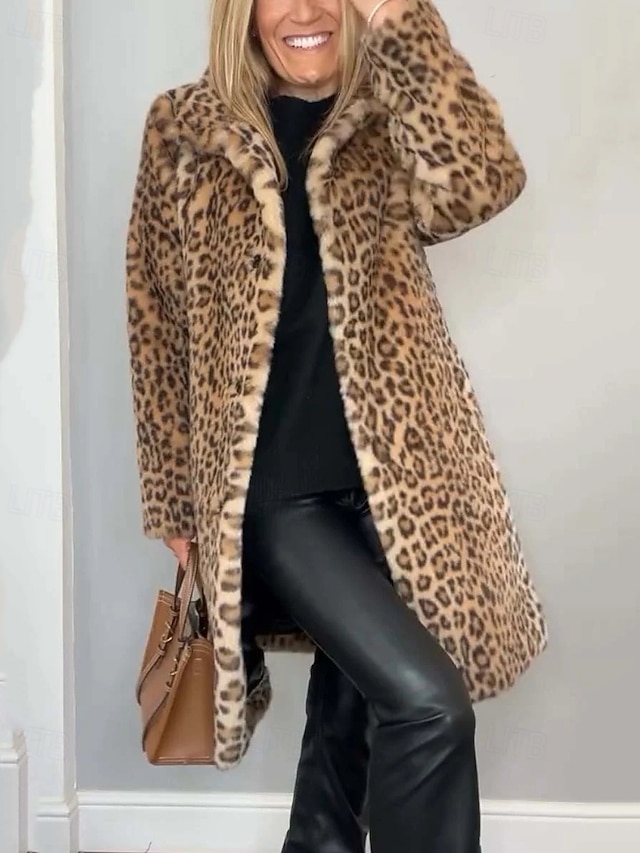 Manteau long à manches longues et boutons imprimé léopard