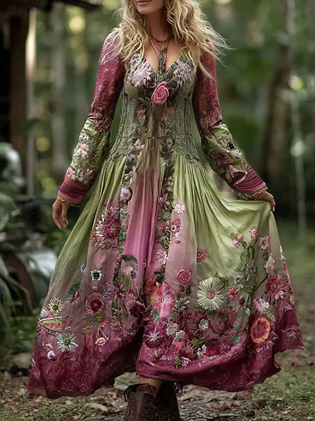  Maxi sukienka dla kobiet sukienka w kształcie litery A sukienka dopasowana i rozkloszowana vintage boho na randkę regularny krój kwiatowy nadruk długi rękaw dekolt w serek zielona wiosna jesień zima