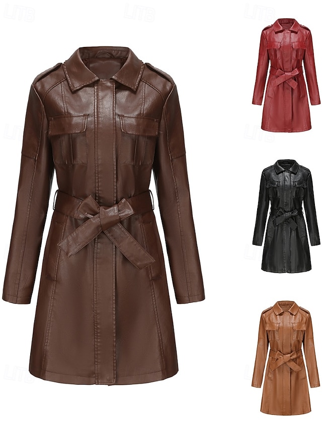  Dam Imitationsläderjacka Trenchcoat Bekväm Knappar Ledigt Slät Utomhus Semester Helgdag Utekväll Lång Nedvikt Normal Långärmad Ytterkläder Svart Vin Kamel Vår Höst