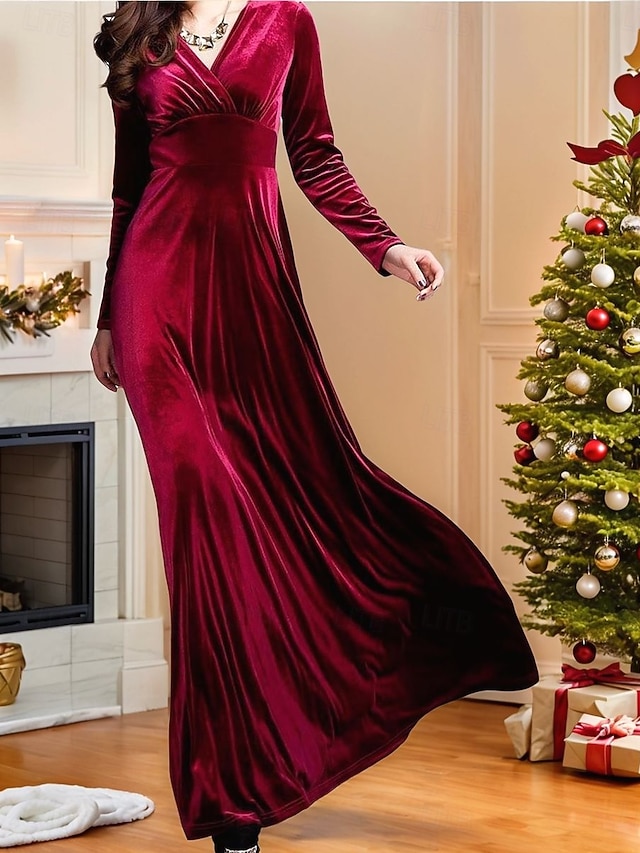  Vestido largo de terciopelo para mujer vestido ajustado vestido en línea A vestido de corte y vuelo fiesta de cumpleaños boda formal fiesta invitada a boda manga larga lisa escote en V negro rojo