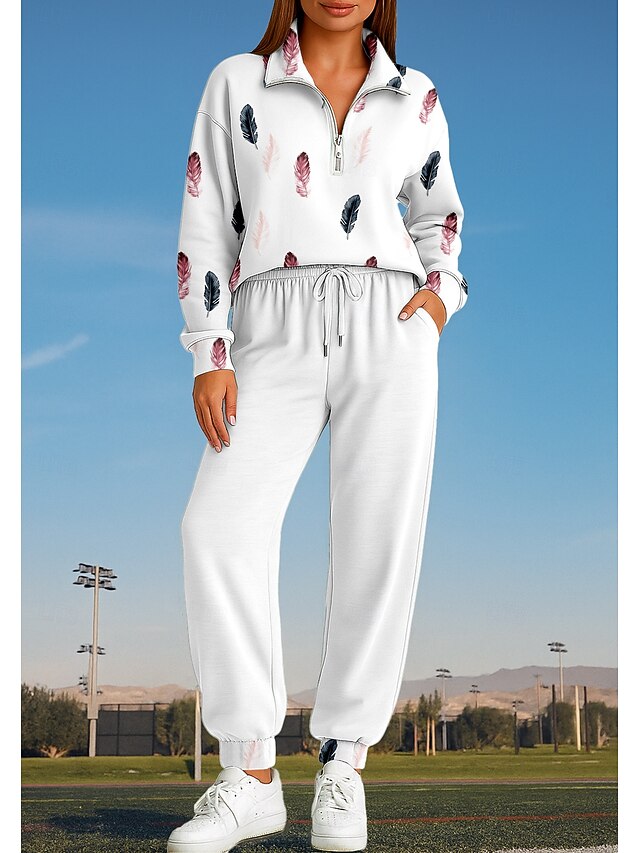 Women's Sweatshirt Tracksuit 2 Piece Tracksuit Drawstring Zip Up Floral Clothing Suit Fall White Vocation Outdoor Travel Lightweight Fashion Long Sleeve Sport Activewear Stretchy Regular Fit4