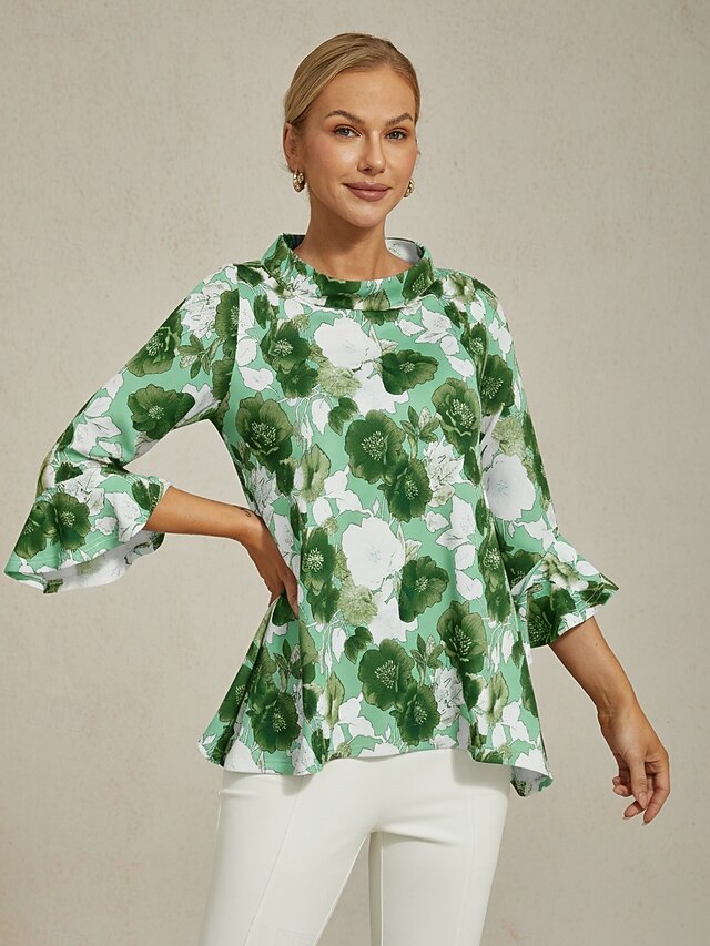 Women's Blouse Green Floral Print Off Shoulder Patchwork 3/4 Sleeve Casual Elegant Spring Summer4