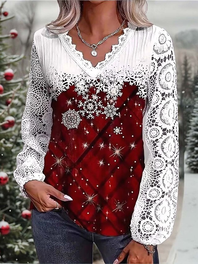 Christmas Women's Shirt Santa Claus Christmas Tree Snowflake Elegant Vintage Cute Long Sleeve V Neck Regular Tops Party Evening Wear Daily Holiday Contrast Lace Patchwork Buttons Red Purple Green4
