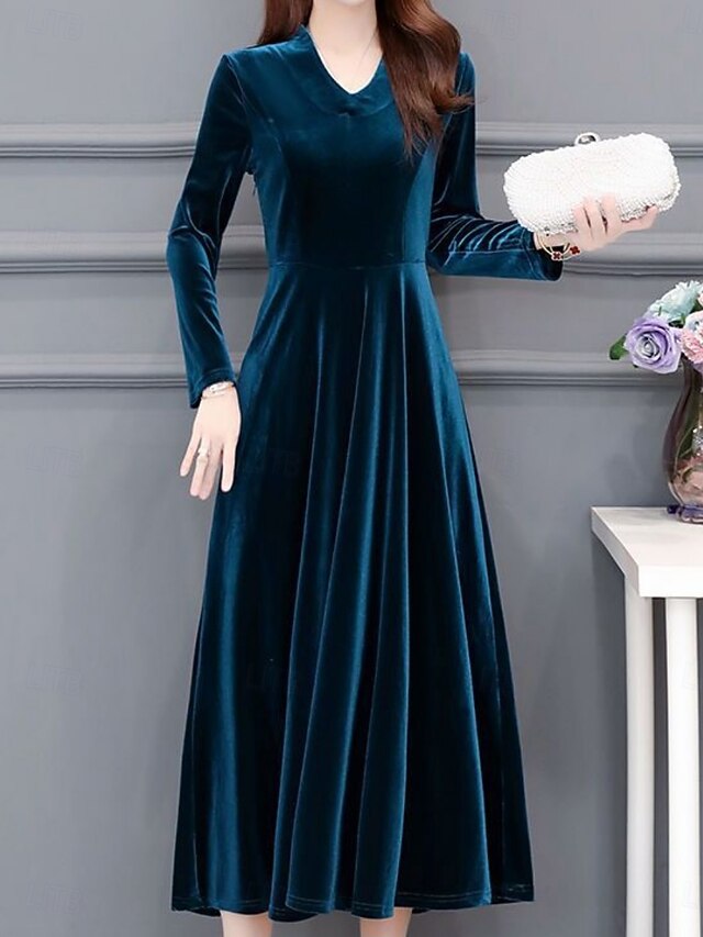 Robe Femme En Velours Moulante – Manches Longues – Col En V – Maxi Vintage Pour Soirée, Mariage, événement