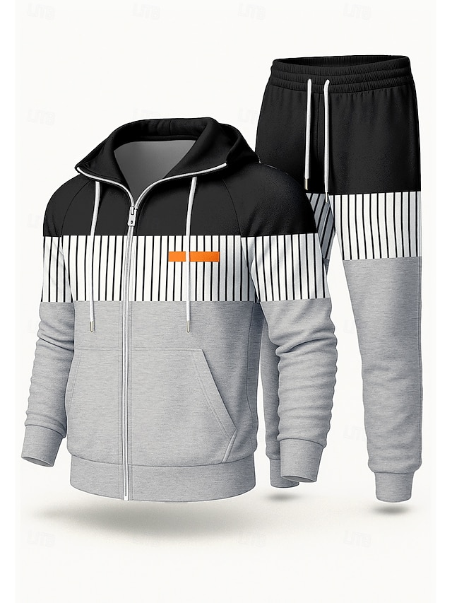  Men's Hoodie Tracksuit 2 Piece Tracksuit Drawstring Zip Up Geometric Clothing Suit Fall Black Orange Vocation Outdoor Travel Lightweight Fashion Long Sleeve Sport Activewear Stretchy Regular Fit