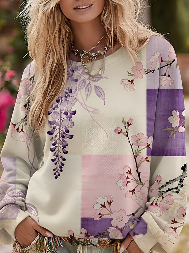 Women's Pullover Sweatshirts Floral Fashion Streetwear Casual Long Sleeve Round Neck Regular Tops Dailywear Casual Print Purple Spring Fall4