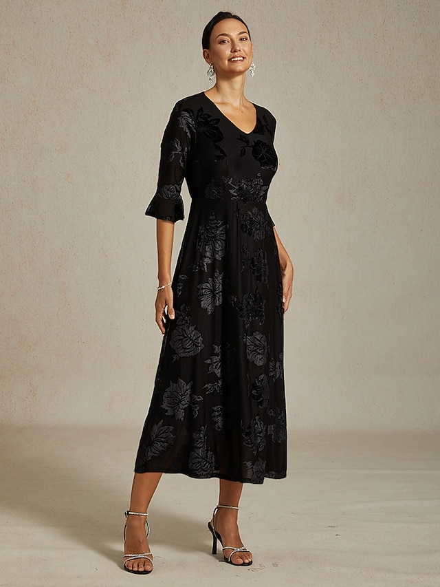 Sukienka midi z weluru dla kobiet sukienka w kształcie litery A elegancka na urodziny na koktajlową imprezę dla gościa weselnego welurowa codzienna regularny krój kwiatowa pół rękaw dekolt w