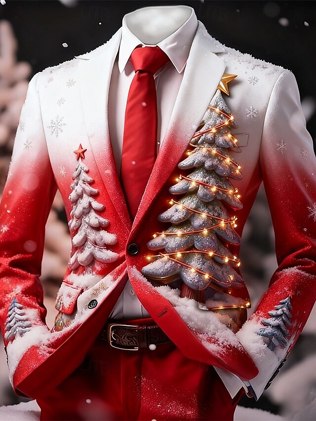 Veste Costume De Noël Pour Homme - Blazer à Imprimé Festif, Boutonnière, Pour Fêtes Et Soirées Déguisées