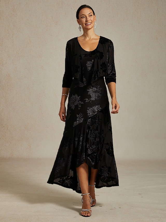  Damen Maxikleid Etui-Kleid Trompeten- Meerjungfrauenkleid A Linie Kleid Elegant Formell Cocktail Abendgesellschaft Party Hochzeitsgast Normale Passform Blumen Ärmellos Rundhalsausschnitt Schwarz