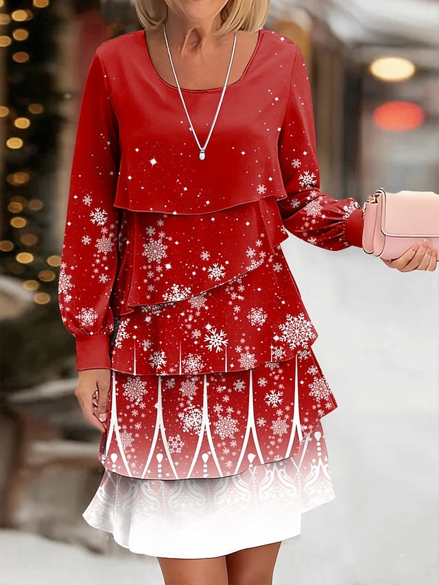 Christmas Naisten Midimekko A linjainen mekko Vapaa-aika Päivittäin Normaali Kuvitettu Lumihiutale Pitkähihainen Tiukka pyöreä kaula-aukko Rubiini Sininen Purppura Apila Syksy Talvi