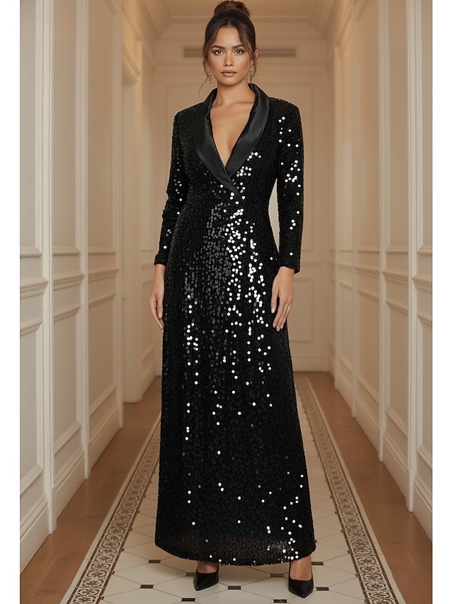  Abito da smoking Linea ad A Formale Raso Con Paillettes Elegante Manica Lunga Lunghezza al pavimento Bavero classico Bavero Doppiopetto