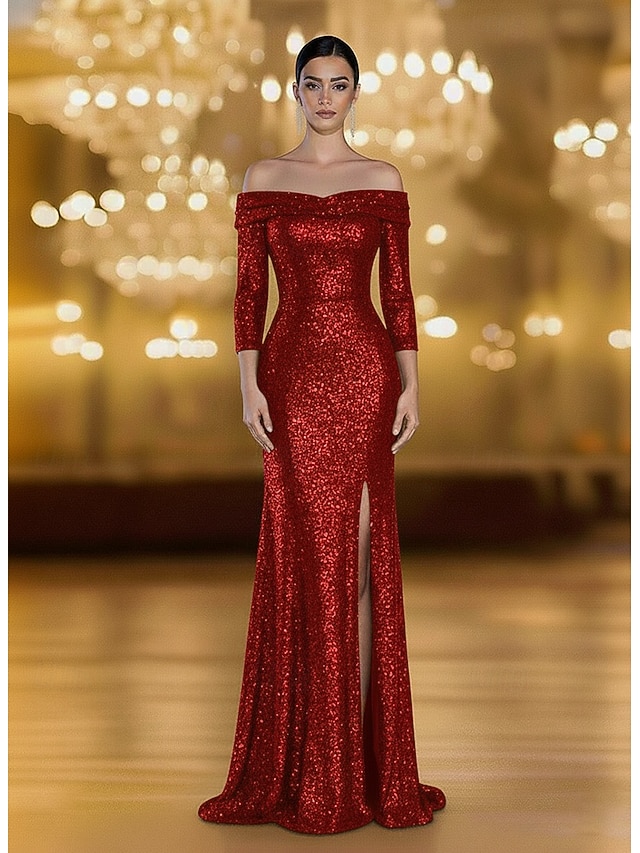  Mermaid / Trumpet Floor Length Prom Dresses Evening Gown Ball Gown Formal Dress Elegant Vintage 3/4 Length Sleeve Off Shoulder Formal Wedding Sequined with Ruched Sequin Slit