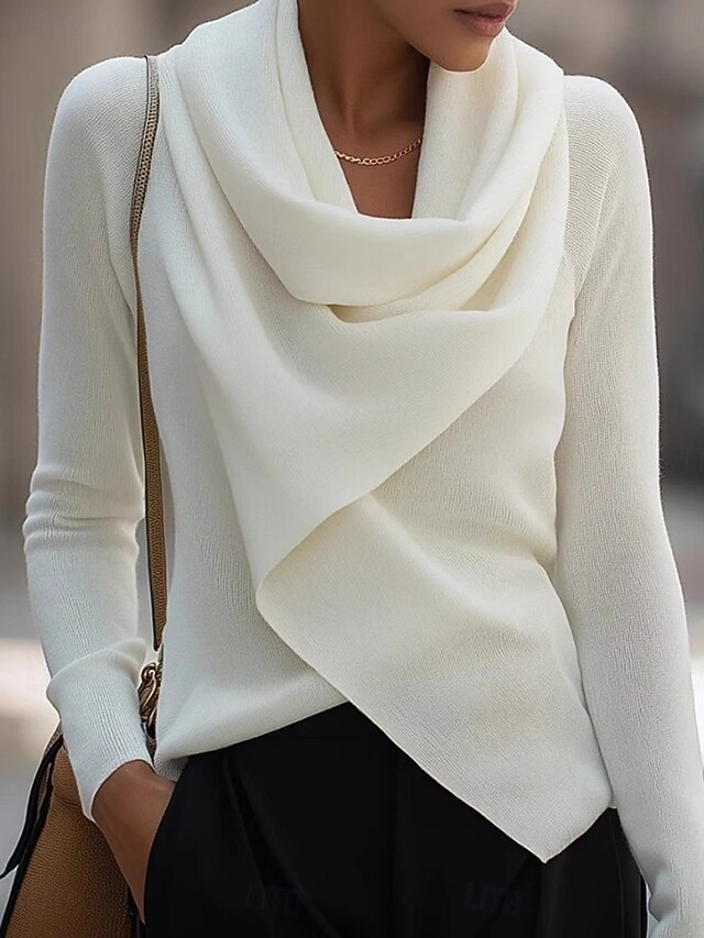 Women's Blouse Solid Color Elegant Stylish Basic Long Sleeve Cowl Neck Regular Tops Daily Ruched White Spring Fall Winter4