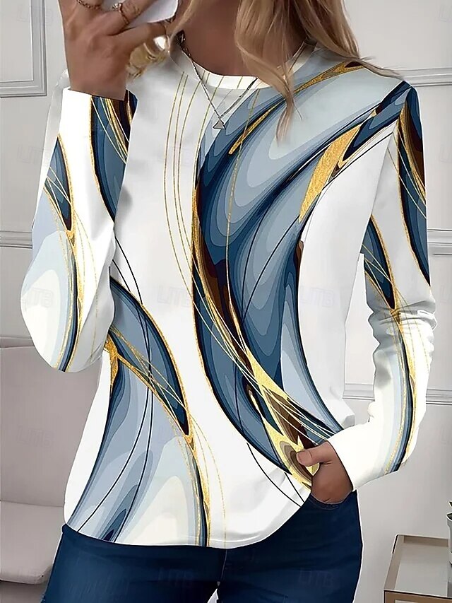 Women's T Shirt Graphic Geometric Vintage Fashion Stylish Long Sleeve Crew Neck Round Neck Regular Tops Daily Weekend Print White Blue Gray Summer Spring Fall4