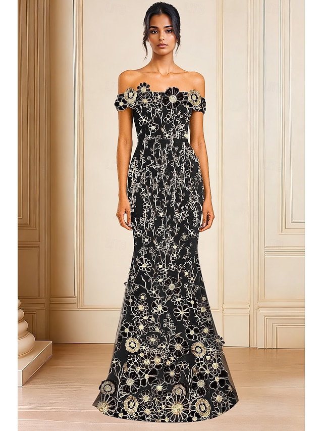  Sereia Vestidos de noite Elegante Traje formal Formal Casamento Longo Sem Manga Ombro a Ombro Tule com Apliques 2025