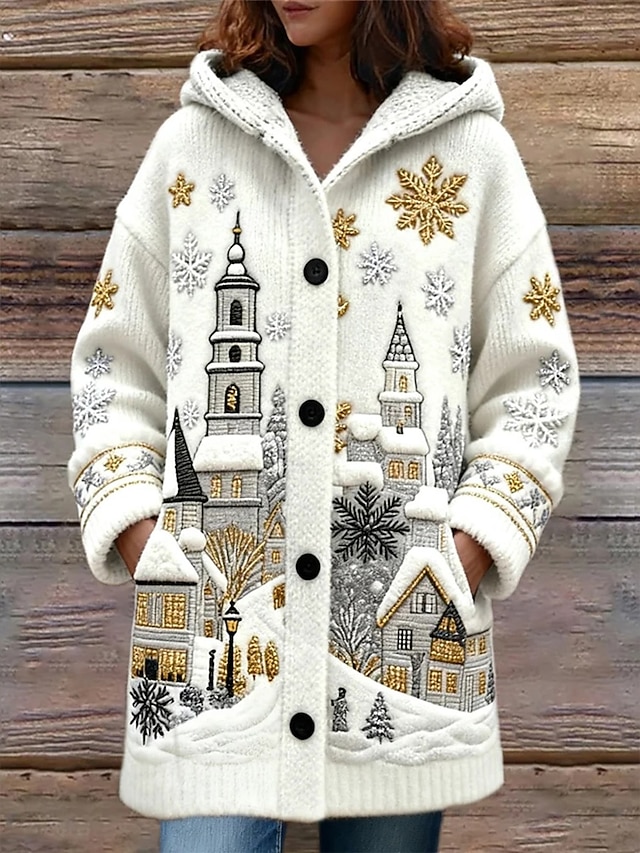 Dam Kofta Dagligen Ledigt Grafisk snöflingor Ribbad Huva Lappverk Ficka Knappar Långärmad Vanliga toppar Sticka Utomhus Helgen Vit Höst Vinter