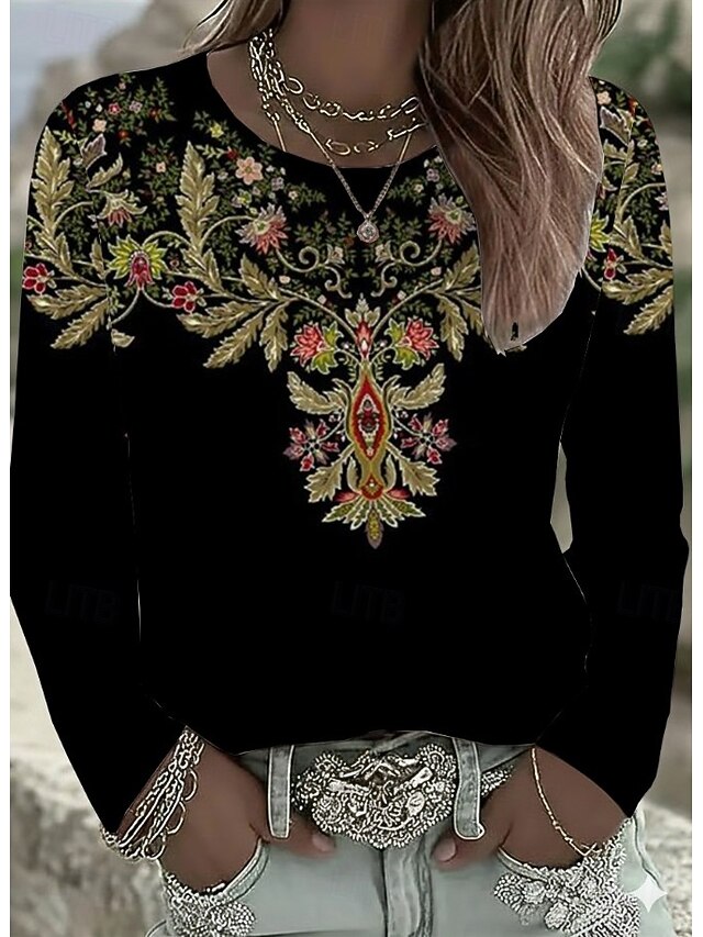 Women's T Shirt Floral Graphic Paisley Vintage Stylish Classic Long Sleeve Crew Neck Regular Tops Daily Print Black Spring Fall Winter2