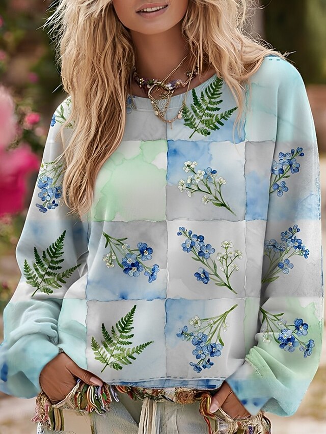Women's Pullover Sweatshirts Floral Plaid Fashion Streetwear Casual Long Sleeve Crew Neck Regular Tops Dailywear Casual Print Green Spring Fall4