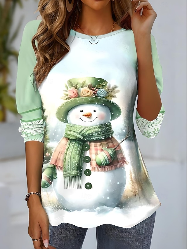 Christmas Women's T Shirt Graphic Vintage Fashion Stylish Long Sleeve Crew Neck Round Neck Regular Tops Daily Weekend Print Light Green Pink Red Blue Orange Fall Winter