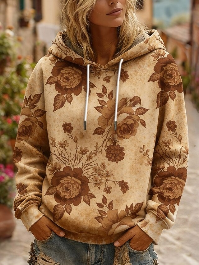 Women's Pullover Hoodies Floral Vintage Casual Long Sleeve Hooded Regular Tops Dailywear Casual Drawstring Print Khaki Spring Fall4