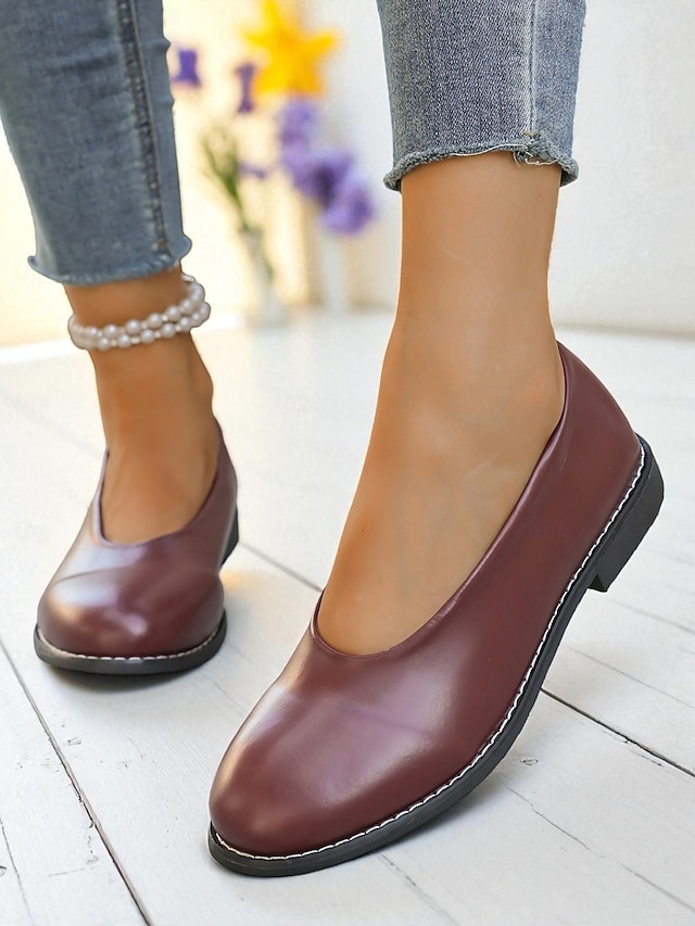  Women's Burgundy Faux Leather Round Toe Flats with Low Heel, Comfortable Casual Dress Shoes for Work, Office & Everyday Wear