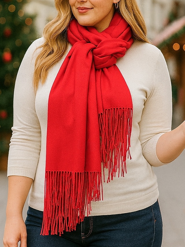  Eșarfă de Crăciun pentru femei, cu aspect de cașmir, șal de iarnă moale din imitație de cașmir cu ciucuri, eșarfă caldă de culoare uni pentru sărbători, exterior și purtare zilnică