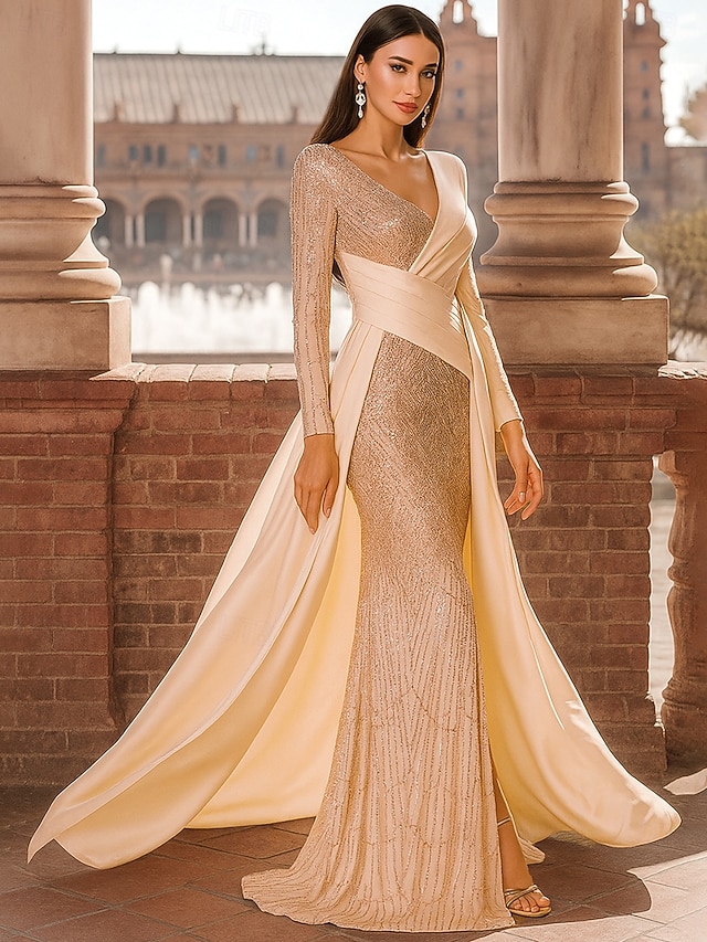  A-Linie Schlauchkleid Bodenlang Abendkleid Überrockkleid Langarm V Ausschnitt Elegant Vintage luxuriös Formell Spandex Paillettenbesetzt Polyester Brautmutterkleid mit Paillette Farbblock