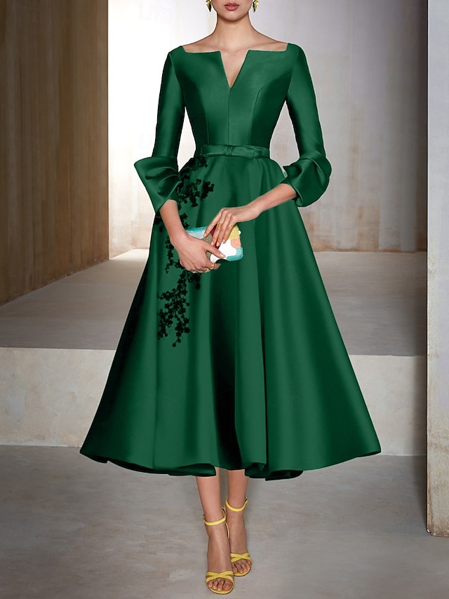  A-Line Cocktail Dresses Elegant Dress Wedding Wedding Guest Tea Length 3/4 Length Sleeve V Neck Satin with Bow(s) Appliques Dresses