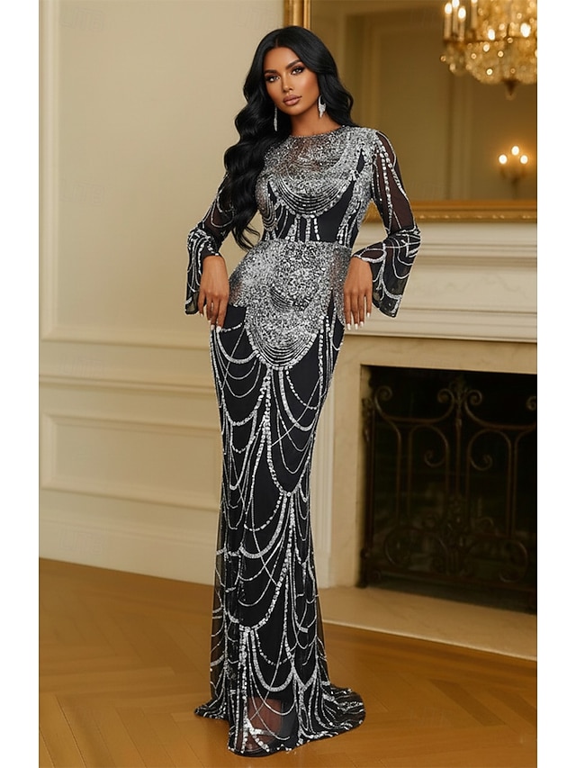  Schwarz Silber Meerjungfrau  Trompete Schicht  Säule Abendkleid Elegantes Formelles Kleid Formelle Hochzeit Bodenlang Langärmlig Boot-Ausschnitt Spitze mit Applikationen