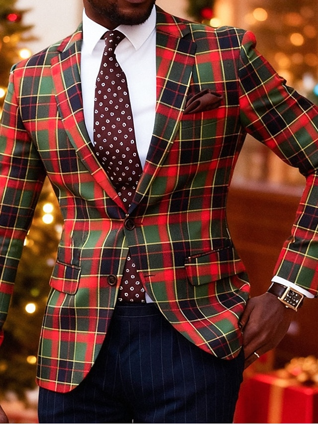  Pánské Blejzr Vánoční sako Vánoce Obchod Koktejlový večírek Módní Na běžné nošení Jaro Podzim Polyester Pléd Kapsy Knoflíky Pohodlné Jednořadé Blejzr Tmavě červená Rubínově červená