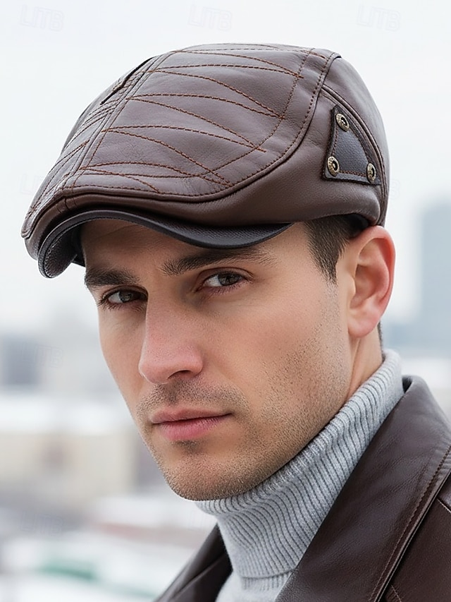  Herren-Schiebermütze aus Kunstleder, gestepptes Design mit dreieckigen Akzenten, in verschiedenen Farben erhältlich, stylisch und warm für Winter und Freizeit