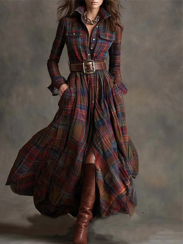  Dam Maxiklänning Skiftklänning Semester Ledigt Boho Dagligen Normal Rutig Långärmad Kavajslag Blå Mörkgul Mörkgrön Svart Vår Höst Vinter