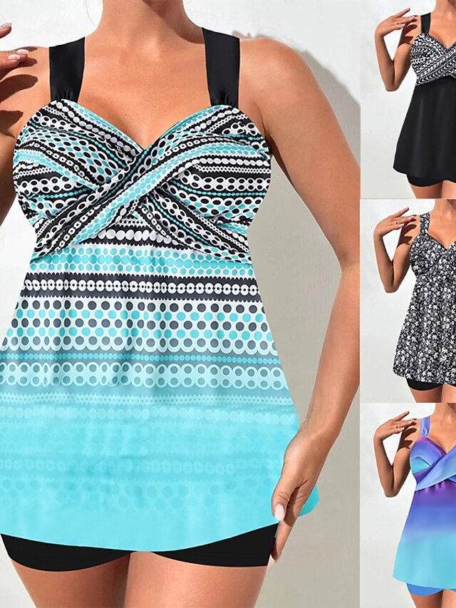 Swimwear Bikini 2 Piece Shorts Swimsuit Slim Backless Vacation Beach Wear Geometric V Neck Sleeveless Bathing Suits