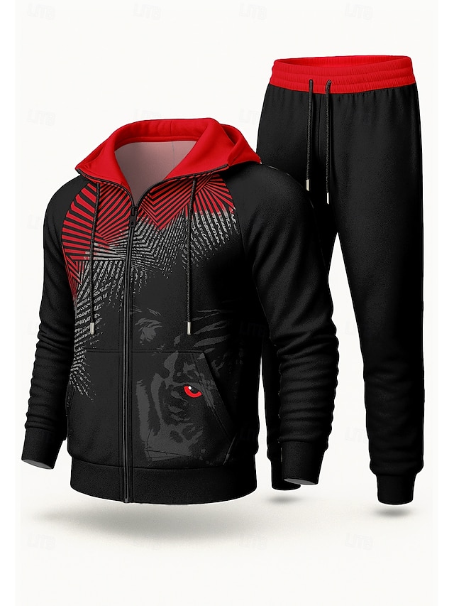  Homens Moletom Agasalho de 2 peças Conjuntos de moletom Com Cordão Zip Up Animal Modelado Conjunto de roupa atlética Conjunto de roupa Conjuntos Outono Preto Vocação Exterior Viagem Leve Da Moda