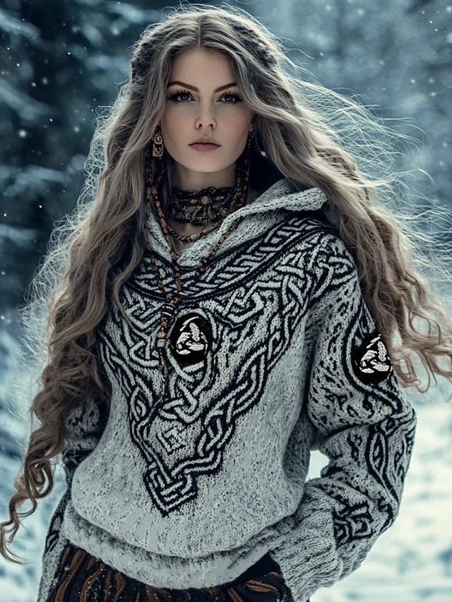  女性用 フェアアイルセーター ヴィンテージ 日常 カジュアル 幾何学模様 フード付き フード付き 長袖 レギュラートップス ニット 日常 祝日 ブラック ダックグレー 春 秋