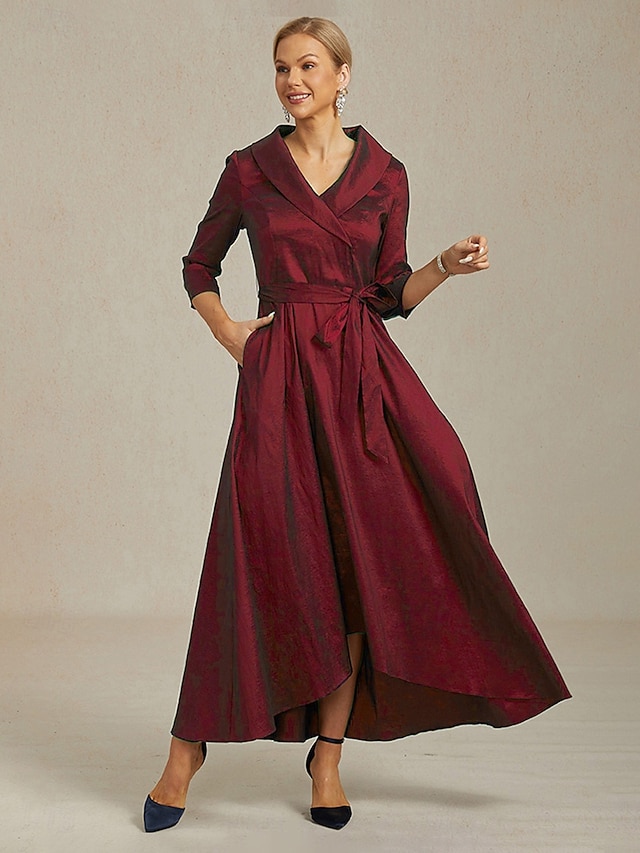  Robe longue fourreau en taffetas pour femme, avec poches, élégante, idéale pour un mariage, une soirée ou une réception. Coupe classique, couleur unie, manches 3/4, col en V, rouge, printemps,