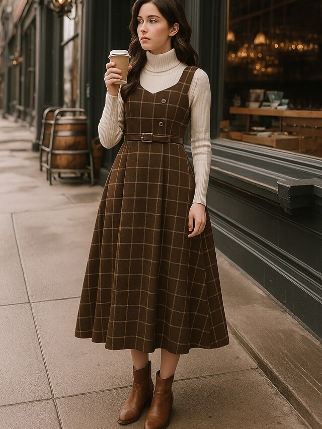  Pentru femei Rochii Midi Rochie teacă Rochie A line Vacanță Casual Boho Zilnic Concediu Plisat Manșon Lung Guler Pe Gât Verde Intens Bleumarin Maro