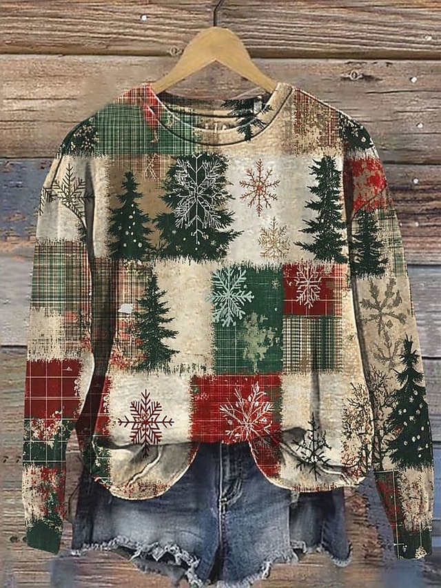 Chemise De Noël Pour Femme - Tunique Ample Imprimée Hibou Et Sapin - Manches Longues, Col Rond - Polyester/rayonne - Style Décontracté