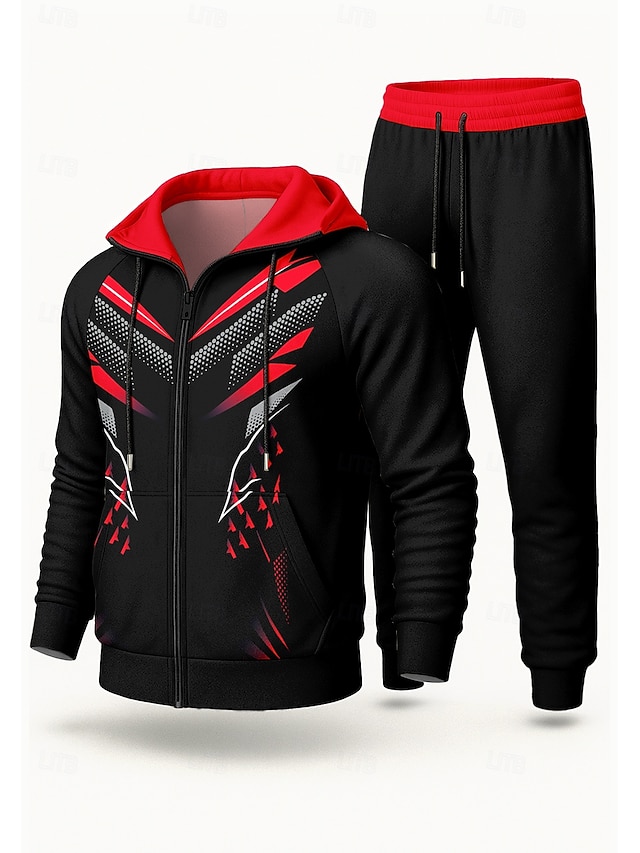  Men's Hoodie Tracksuit 2 Piece Tracksuit Drawstring Zip Up Geometric Clothing Suit Fall Black Vocation Outdoor Travel Lightweight Fashion Long Sleeve Sport Activewear Stretchy Regular Fit